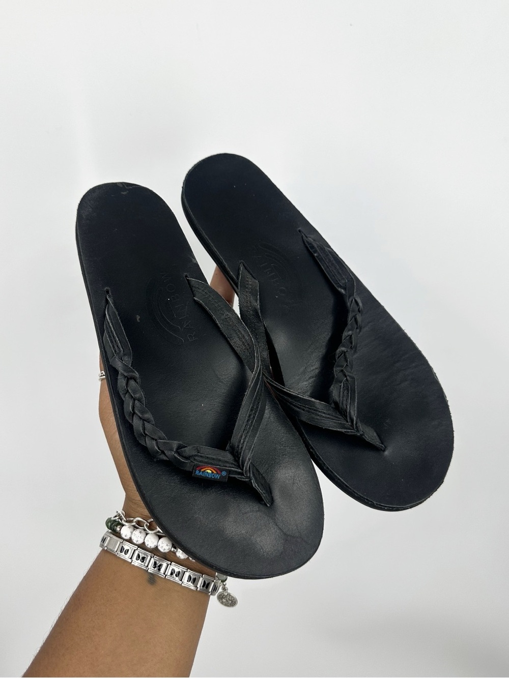 Rainbow Black Braided Flip Flops Women's Size Medium 6.5-7.5 Boho Summer Pool